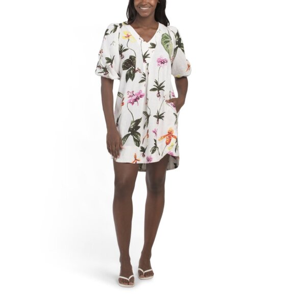 CYNTHIA ROWLEY Botanical Linen Blend Printed Puff Sleeve Mini Dress
